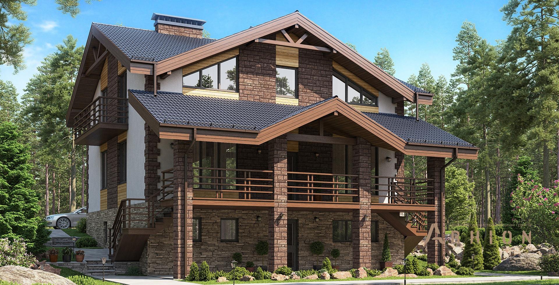 1. Проект одноэтажного дома в скандинавском стиле с многоскатной кровлей, m-301, площадью - 190 кв c мансардой, терассой, балконом