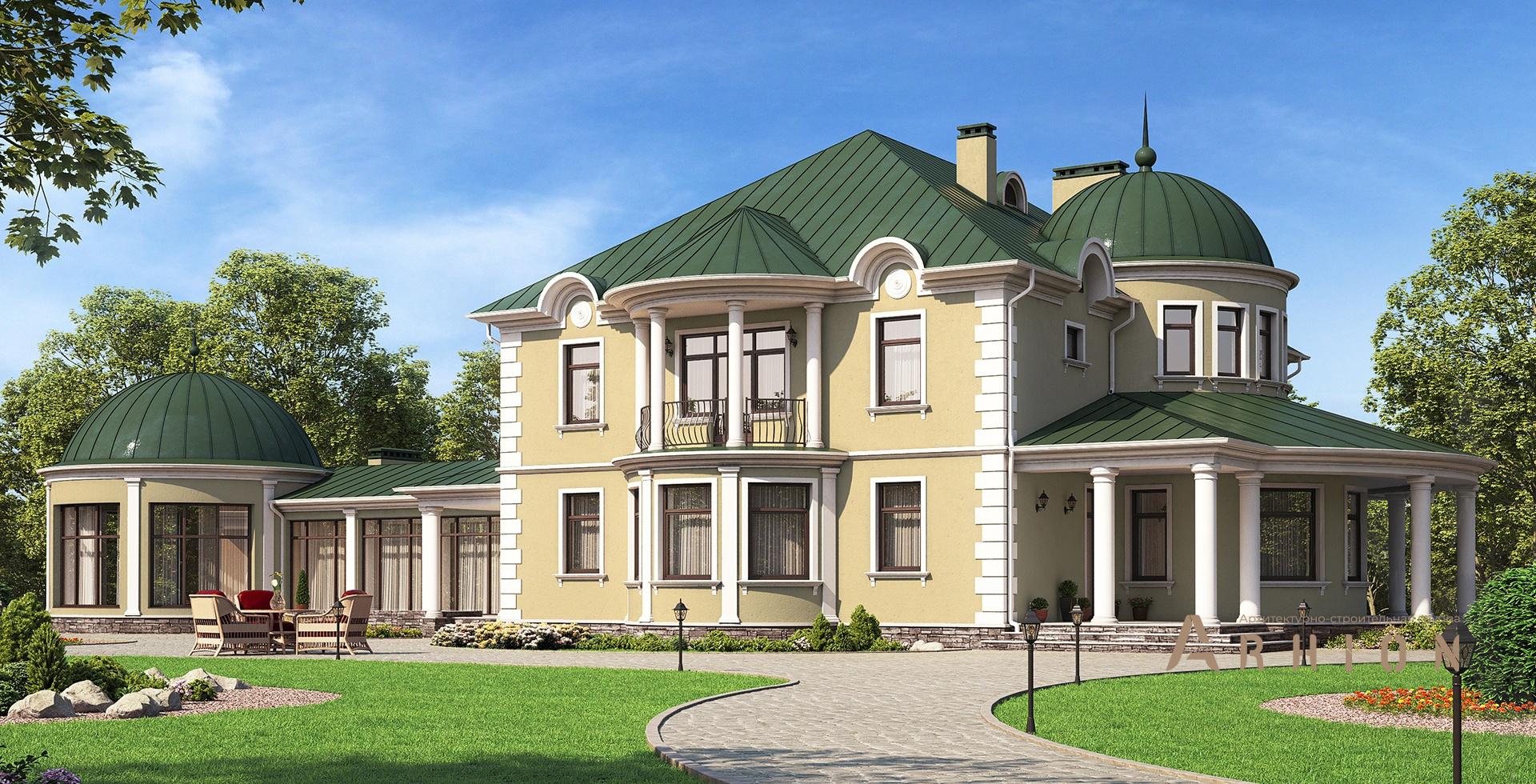 1. Проект двухэтажного дома в стиле модерн с многоскатной кровлей, m-302, площадью - 528 кв c цокольным этажом, сауной, терассой, балконом, эркером