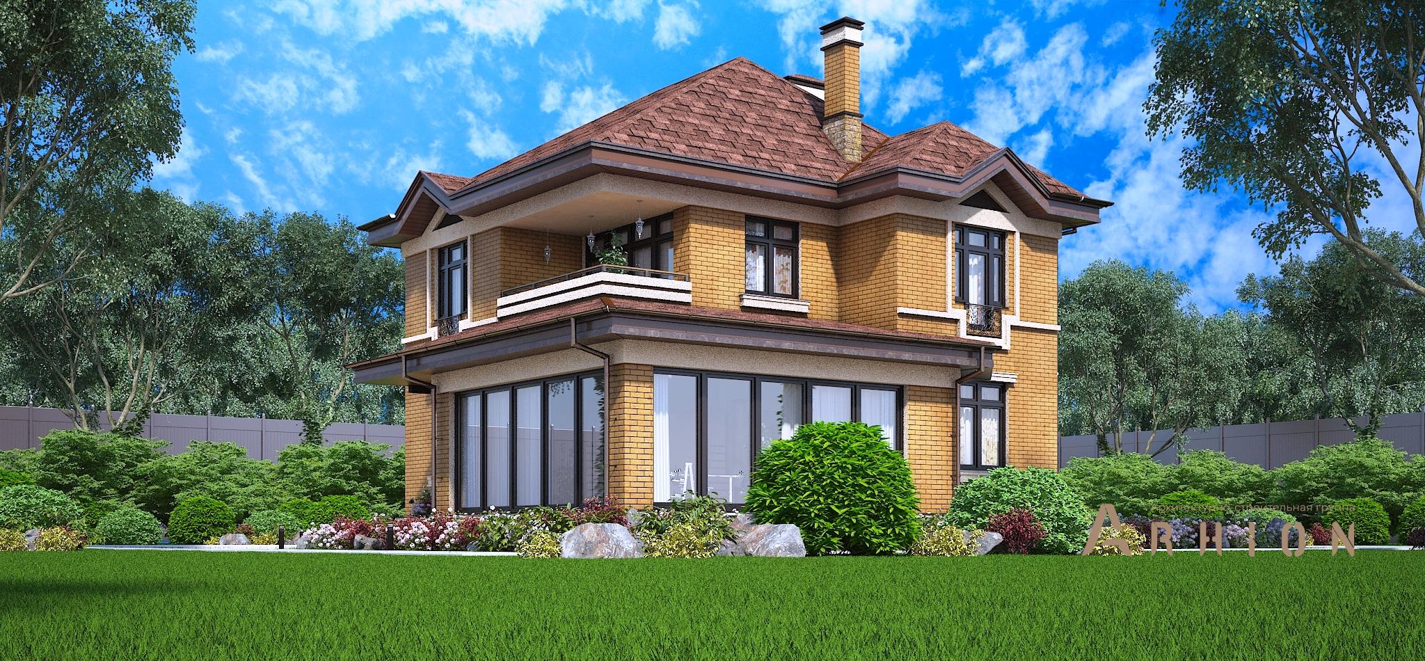 1. Проект двухэтажного дома в современном стиле с четырехскатной, M-308, площадью - 171 кв c сауной, балконом, гаражом, бассейном, эркером, вторым светом