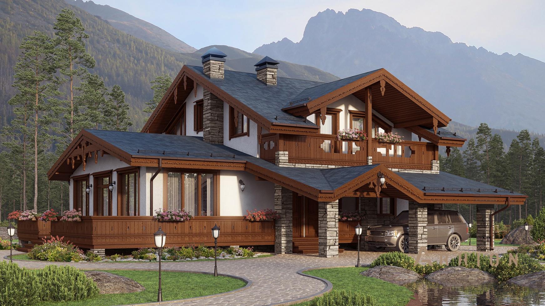 1. Проект одноэтажного дома в европейском стиле с многоскатной кровлей, m-309, площадью - 172 кв c мансардой, сауной, терассой, балконом