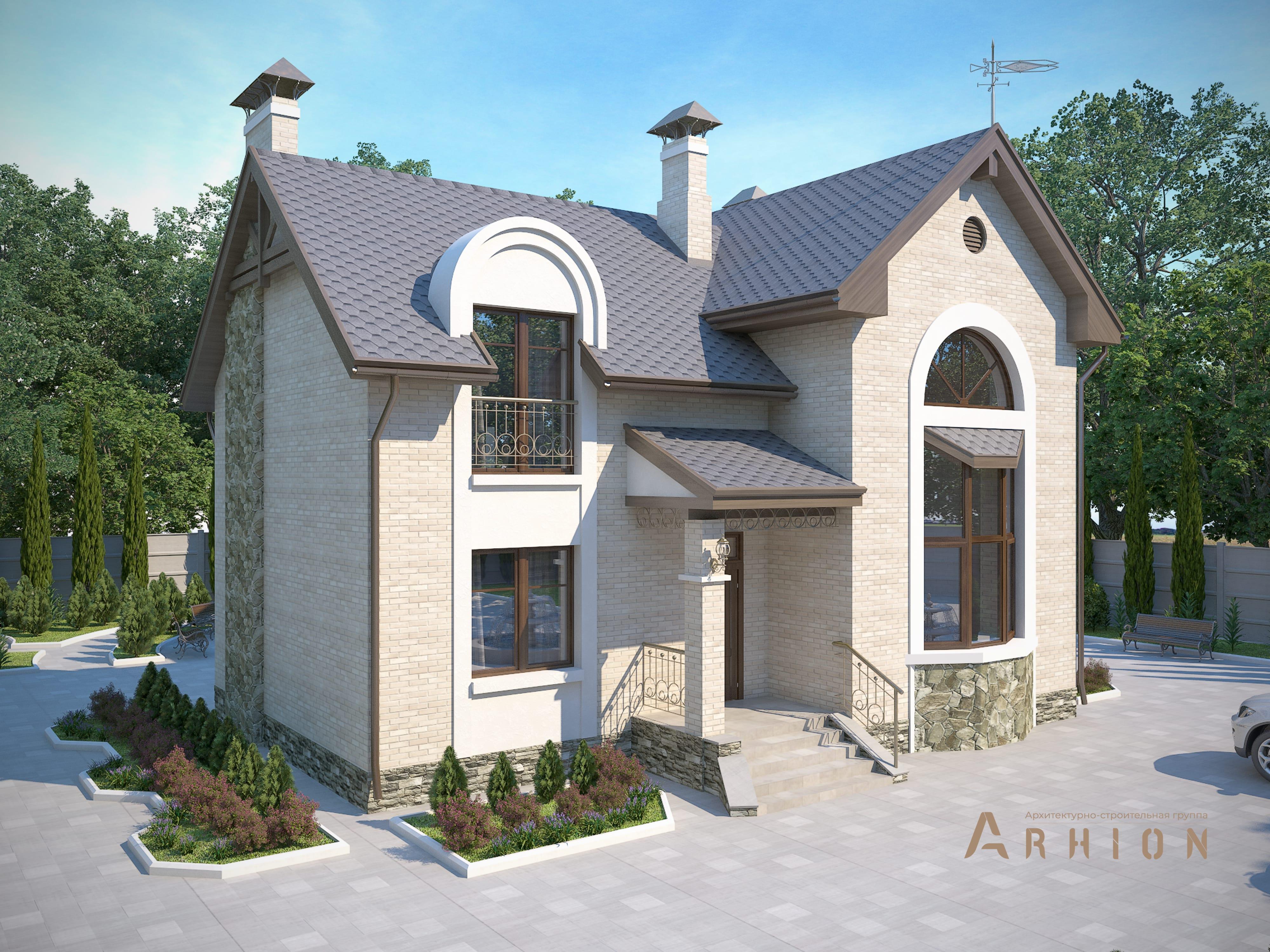 1. Проект одноэтажного дома в английском стиле с многоскатной кровлей, M-31, площадью - 159 кв c мансардой, эркером