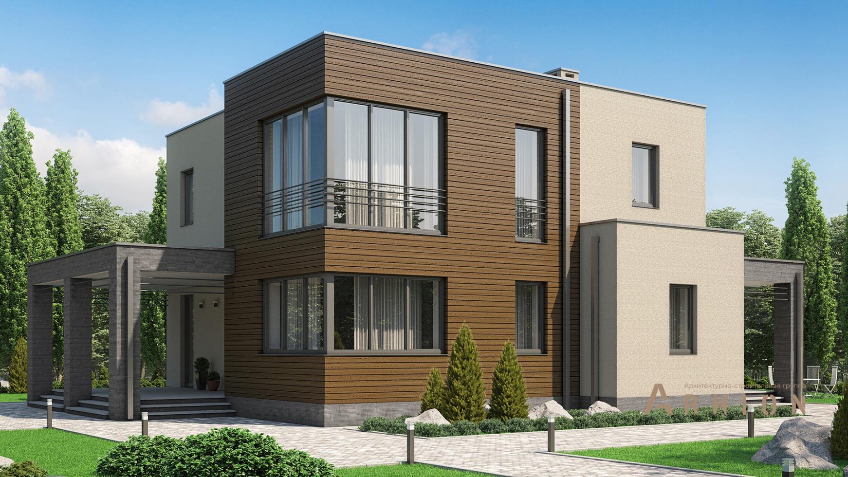 1. Проект двухэтажного дома в стиле хай-тек с плоской кровлей , m-311, площадью - 187 кв c терассой, эркером, вторым светом