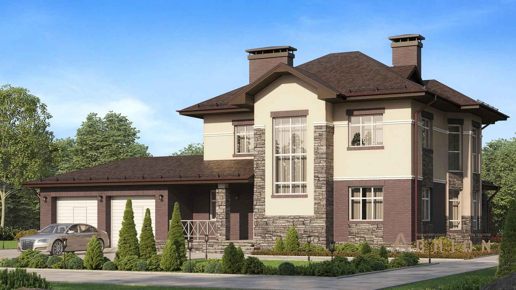 1. Проект двухэтажного дома в европейском стиле с многоскатной кровлей, m-312, площадью - 217 кв c терассой, гаражом, эркером, вторым светом