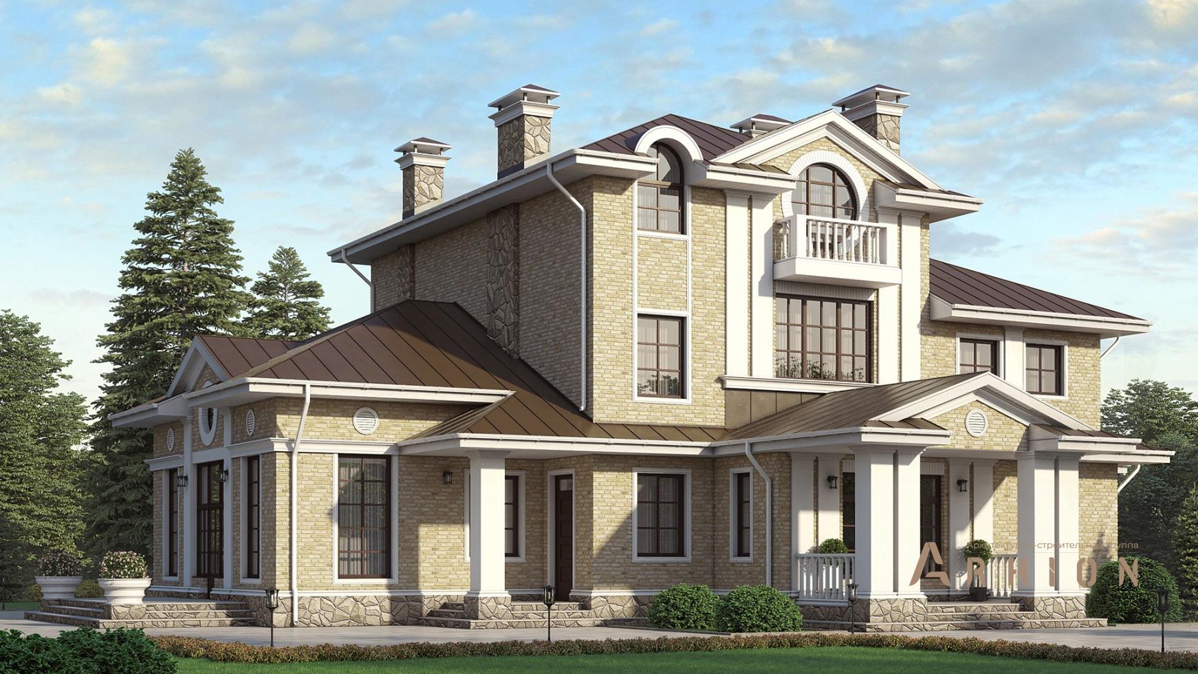 1. Проект трехэтажного дома в современном классическом стиле с многоскатной кровлей, m-313, площадью - 353 кв c мансардой, сауной, терассой, балконом