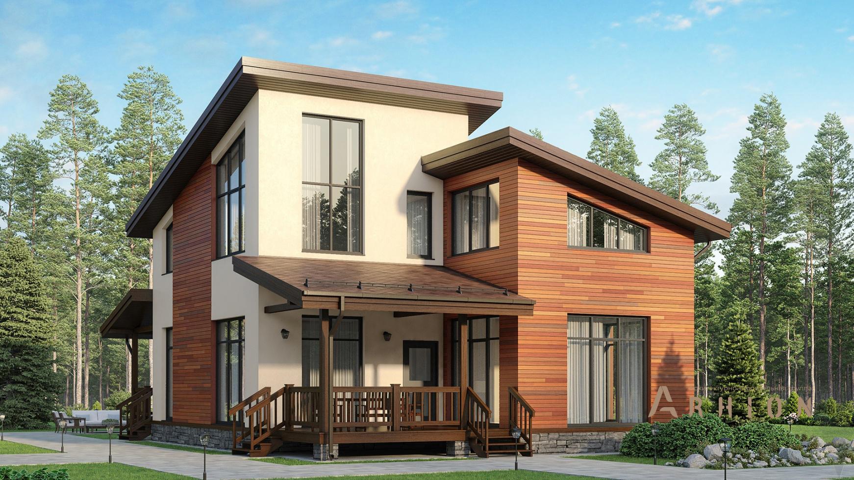 1. Проект двухэтажного дома в современном стиле с односкатной кровлей, m-314, площадью - 200 кв c сауной, терассой, эркером