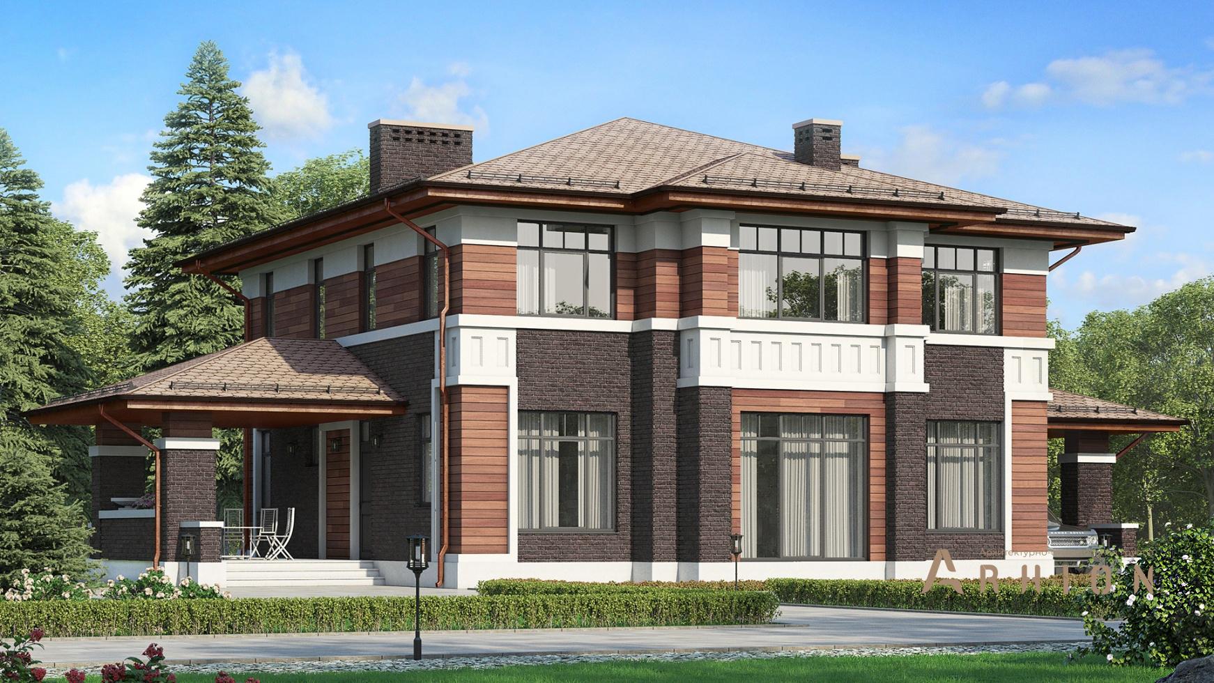 1. Проект двухэтажного дома в немецком стиле с многоскатной кровлей, m-315, площадью - 243 кв c сауной, терассой, гаражом, эркером