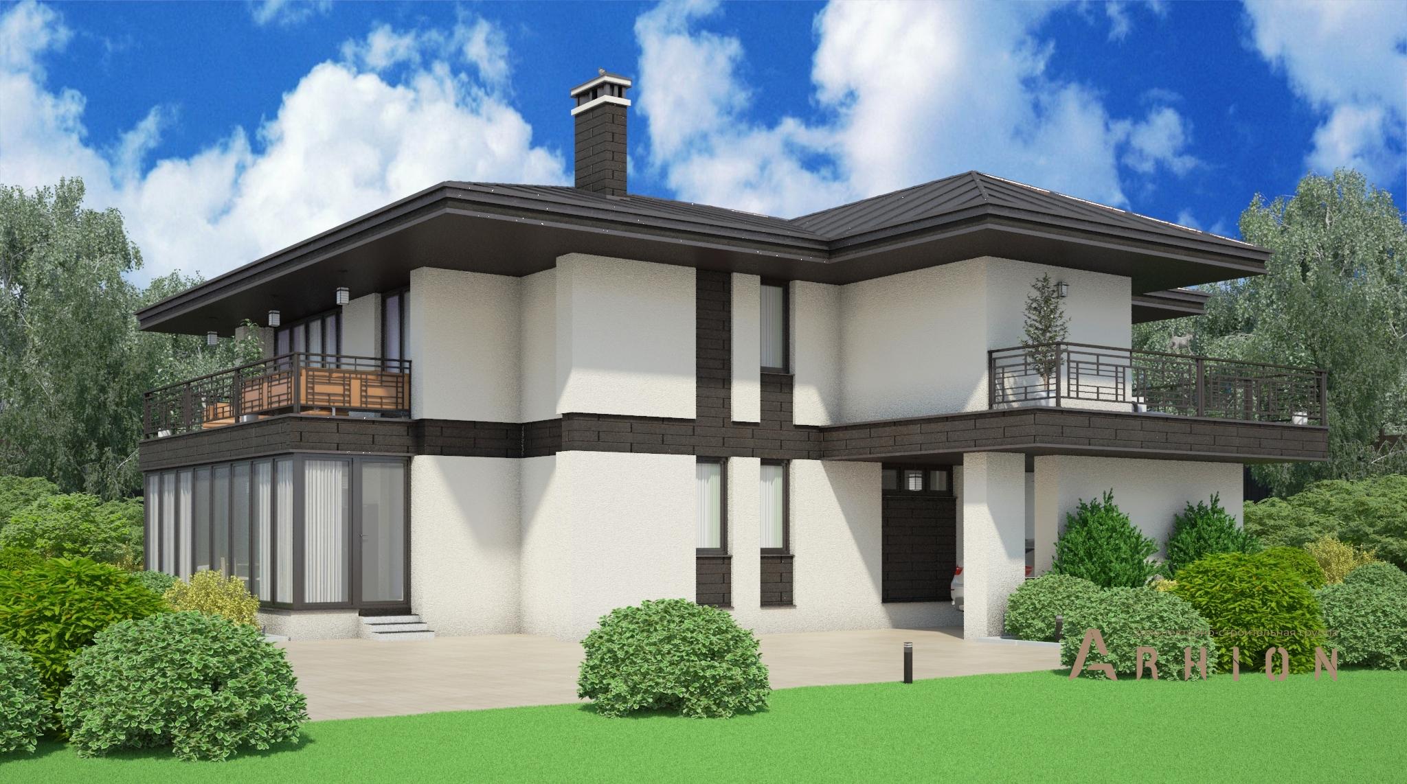 2. Проект двухэтажного дома в современном стиле с четырехскатной, M-316, площадью - 350 кв c терассой, балконом, гаражом, эркером