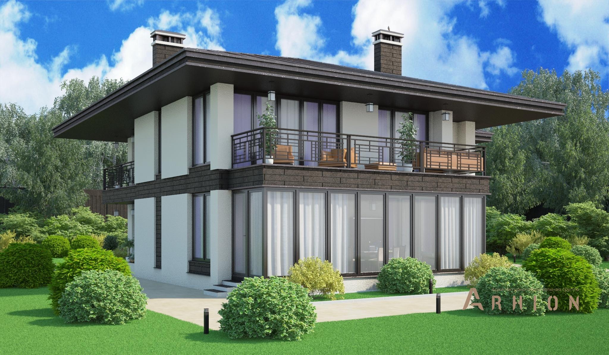 3. Проект двухэтажного дома в современном стиле с четырехскатной, M-316, площадью - 350 кв c терассой, балконом, гаражом, эркером