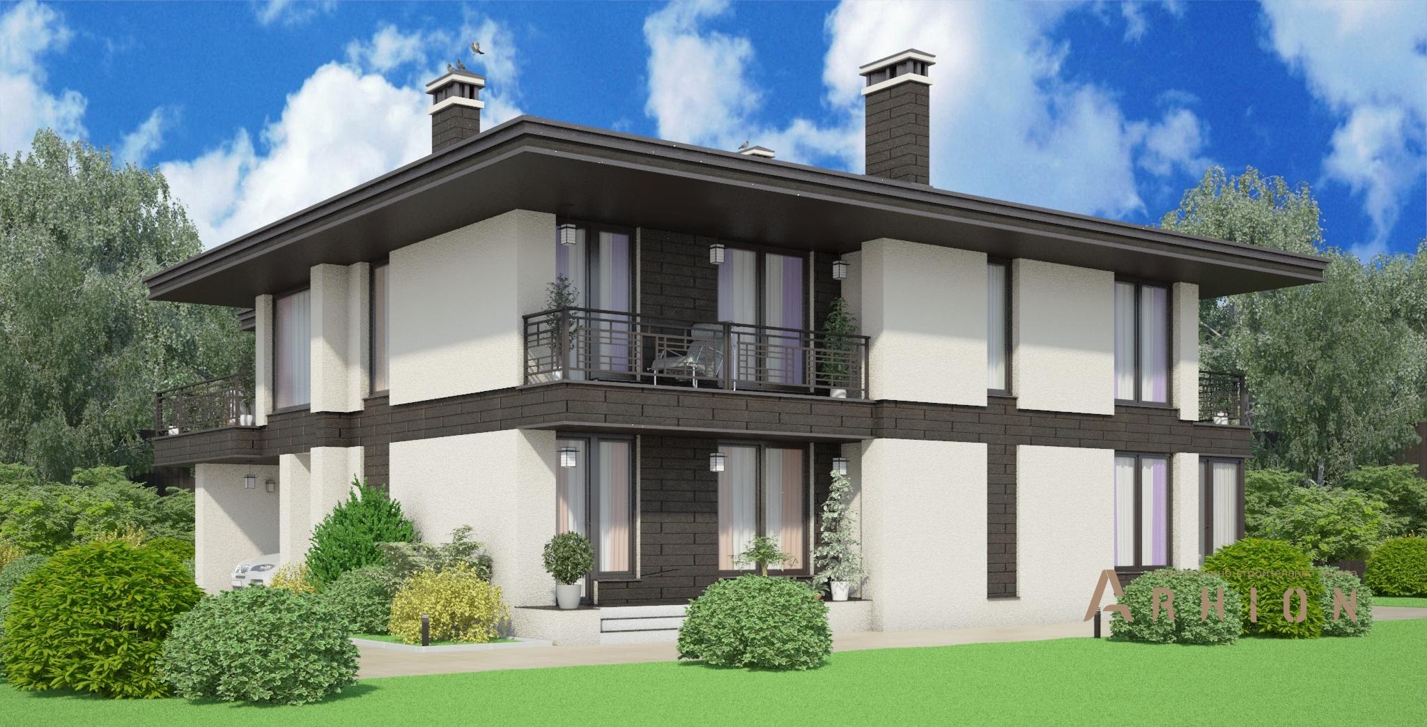 4. Проект двухэтажного дома в современном стиле с четырехскатной, M-316, площадью - 350 кв c терассой, балконом, гаражом, эркером