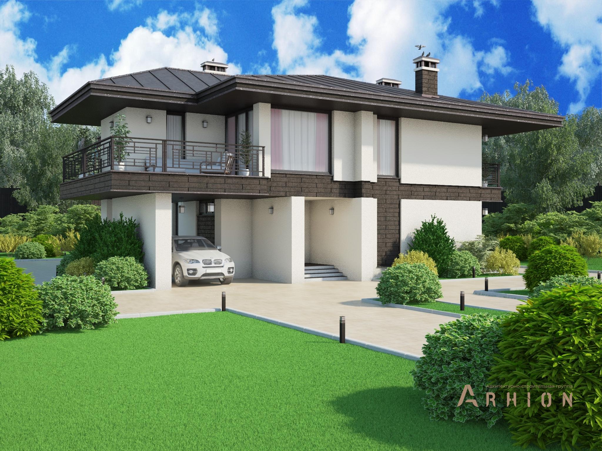 1. Проект двухэтажного дома в современном стиле с четырехскатной, M-316, площадью - 350 кв c терассой, балконом, гаражом, эркером