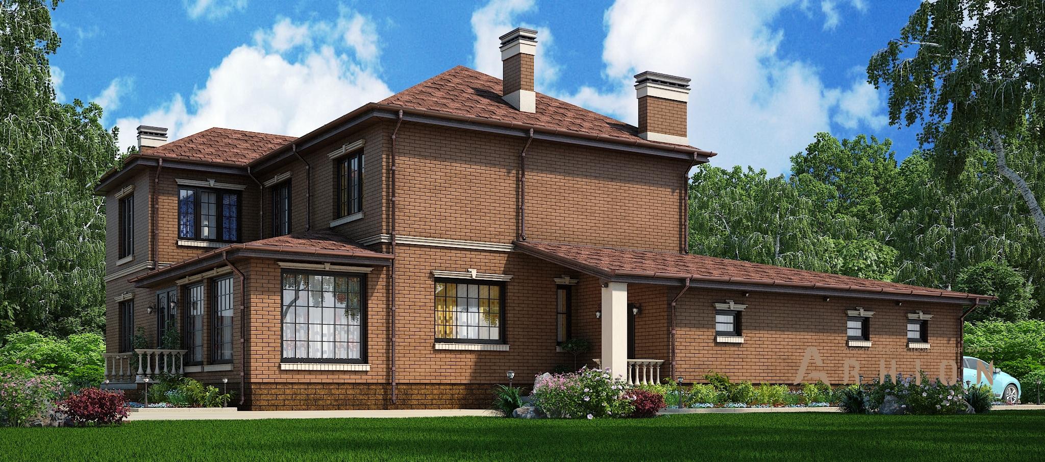 2. Проект двухэтажного дома в современном стиле с многоскатной кровлей, M-317, площадью - 292 кв c терассой, балконом, гаражом