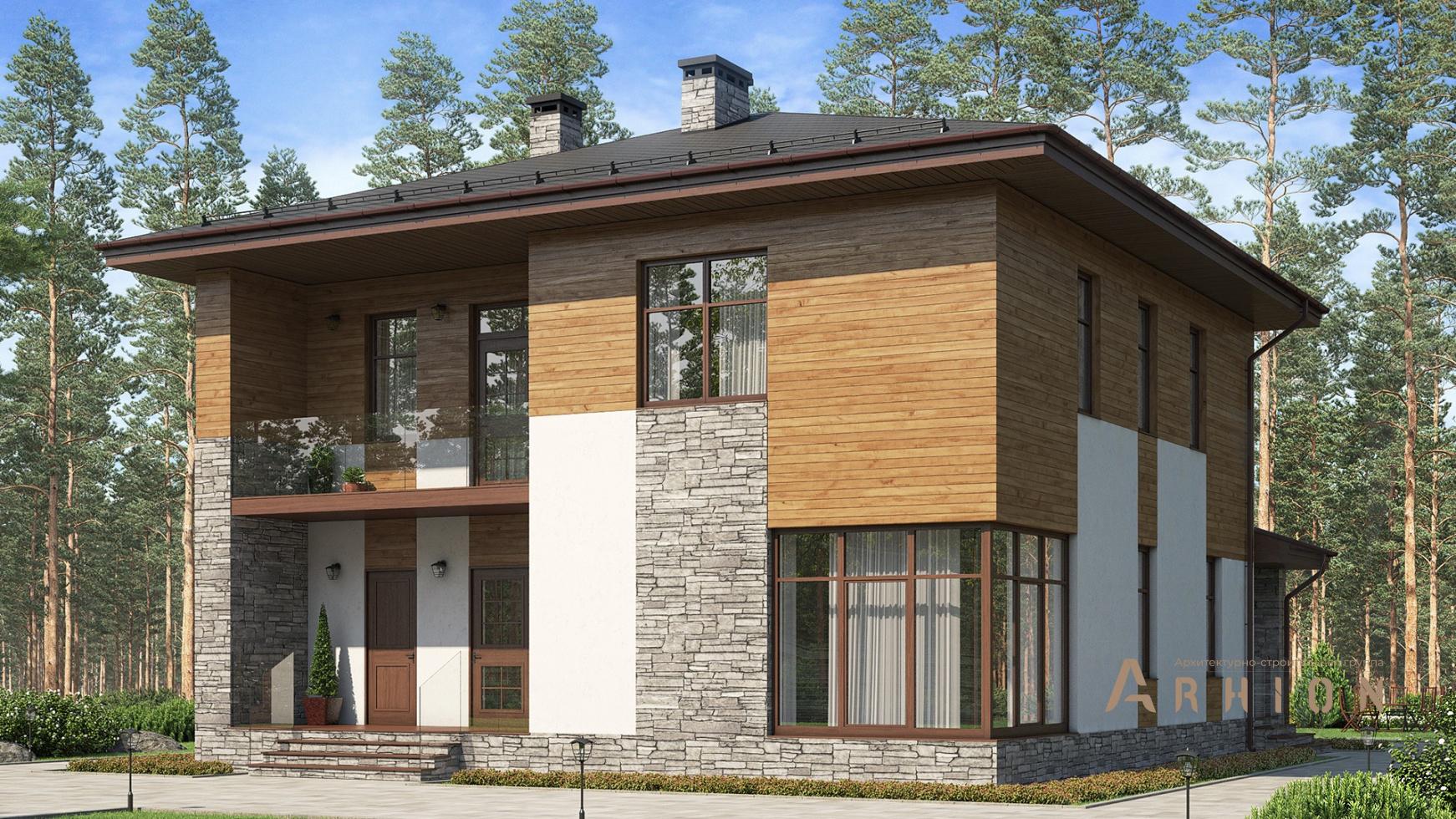 1. Проект двухэтажного дома в современном стиле с четырехскатной, m-318, площадью - 207 кв c терассой, балконом