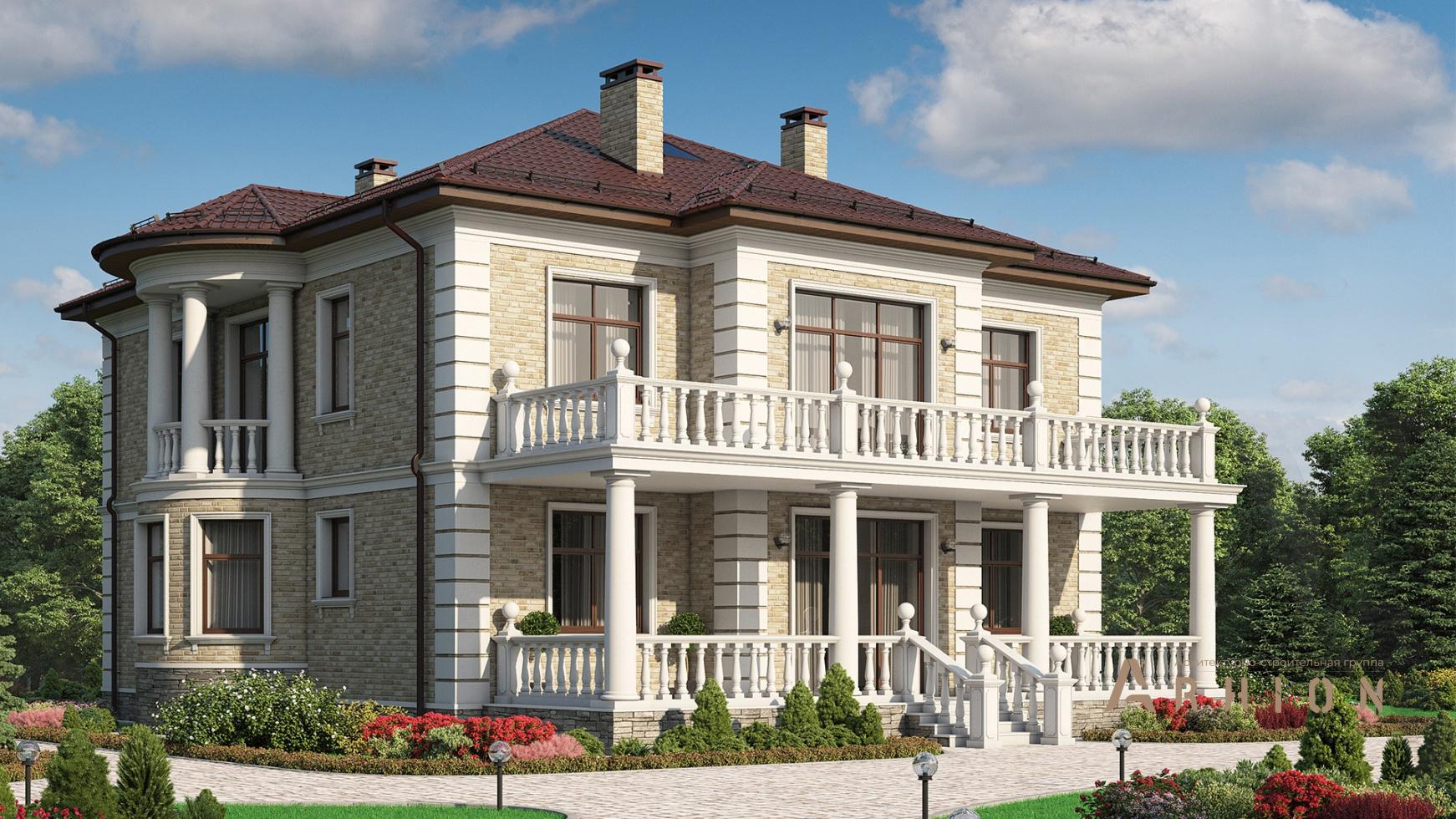 1. Проект двухэтажного дома в классическом стиле с многоскатной кровлей, m-319, площадью - 267 кв c сауной, терассой, балконом, эркером