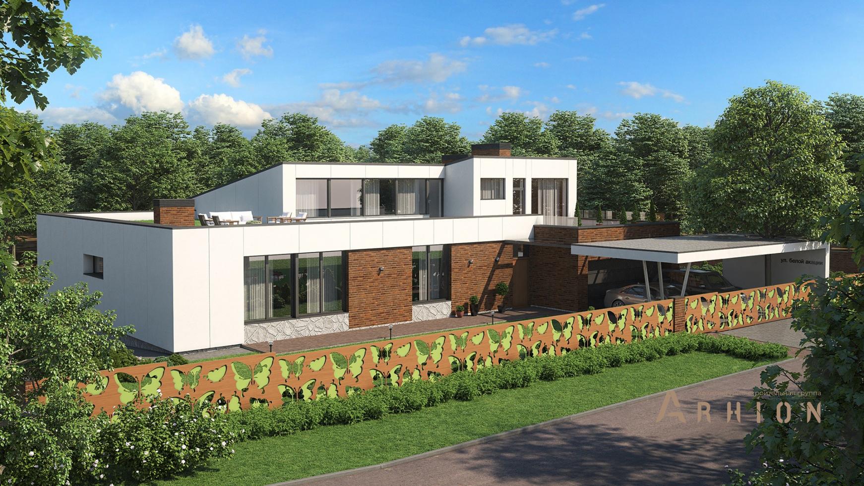 1. Проект одноэтажного дома в стиле лофт с односкатной кровлей, m-320, площадью - 340 кв c мансардой, терассой, балконом, гаражом, бассейном