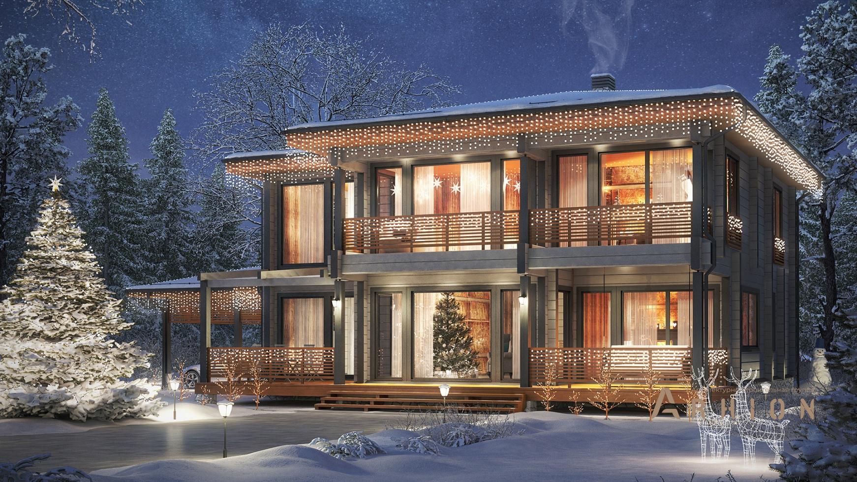 2. Проект двухэтажного дома в норвежском стиле с многоскатной кровлей, m-321, площадью - 223 кв c сауной, терассой, балконом, гаражом