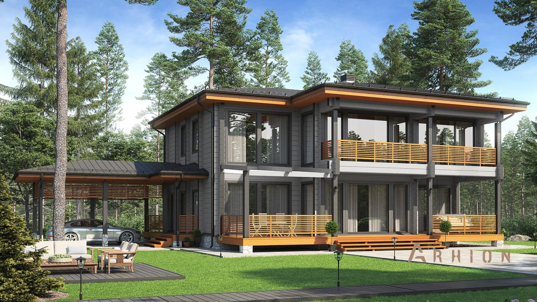 1. Проект двухэтажного дома в норвежском стиле с многоскатной кровлей, m-321, площадью - 223 кв c сауной, терассой, балконом, гаражом