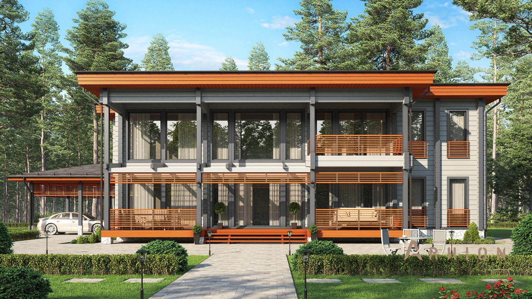 1. Проект двухэтажного дома в стиле лофт с четырехскатной, m-323, площадью - 307 кв c сауной, терассой, балконом, вторым светом