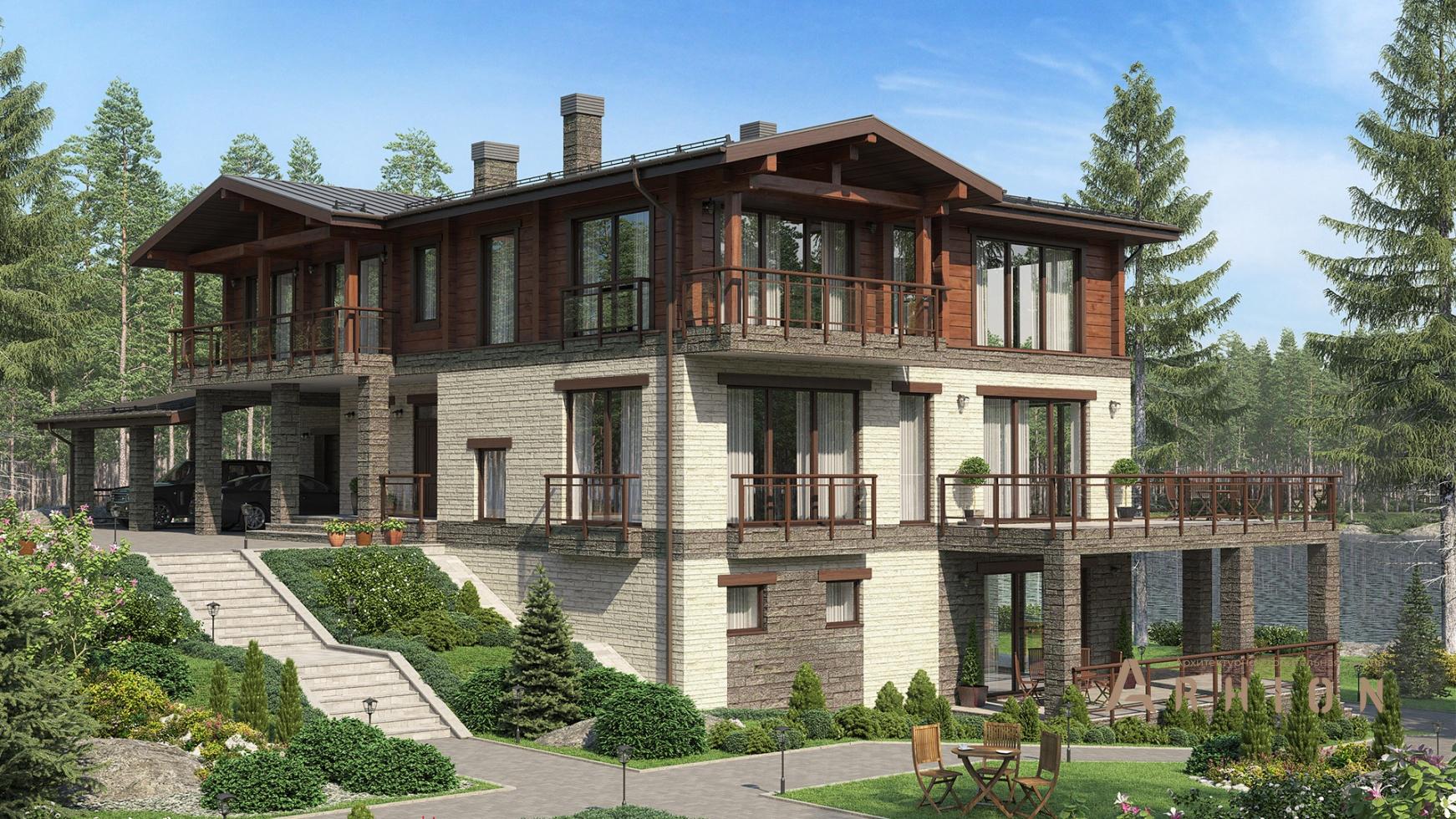 2. Проект двухэтажного дома в европейском стиле с многоскатной кровлей, m-327, площадью - 521 кв c цокольным этажом, сауной, терассой, балконом, бассейном, вторым светом