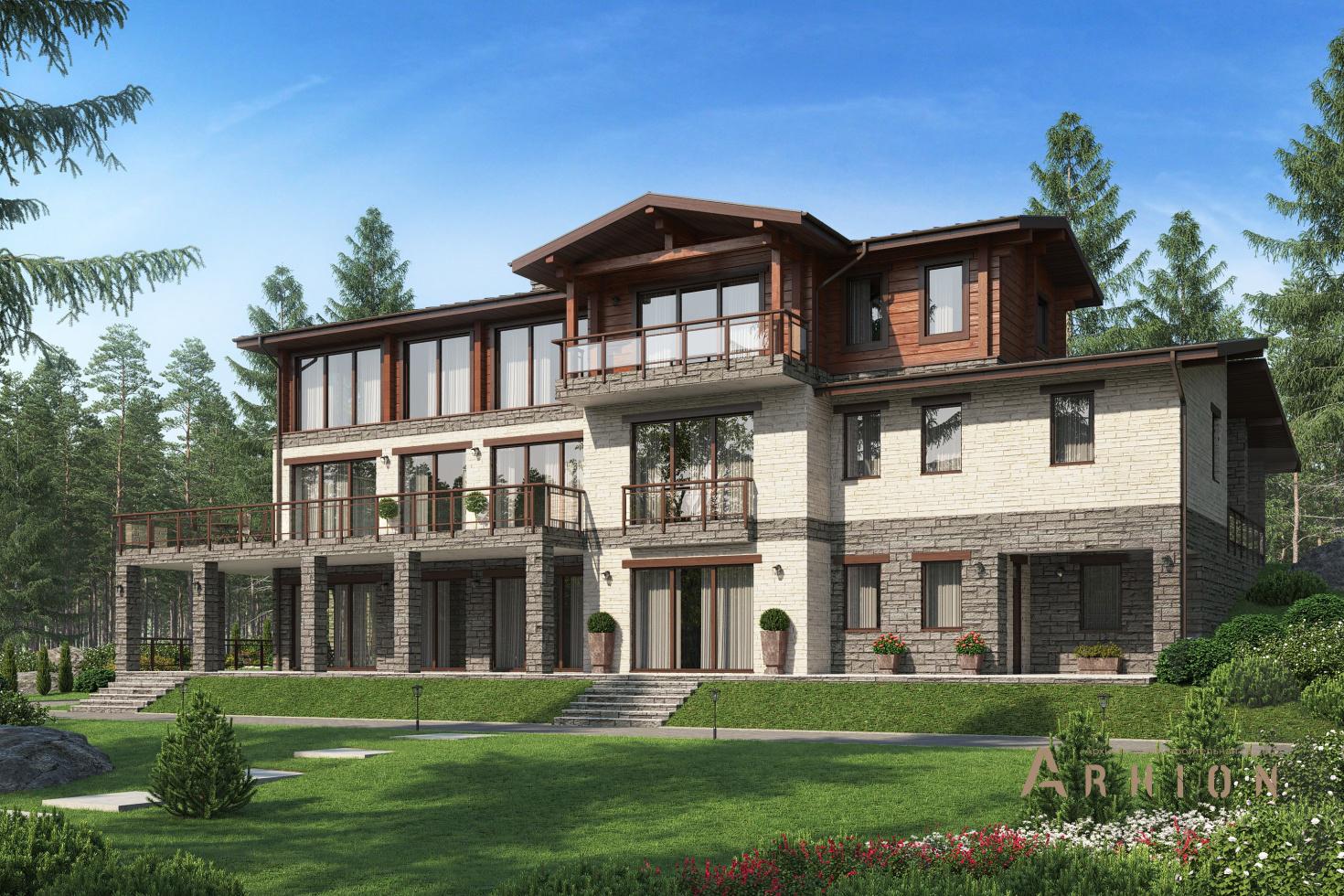 1. Проект двухэтажного дома в европейском стиле с многоскатной кровлей, m-327, площадью - 521 кв c цокольным этажом, сауной, терассой, балконом, бассейном, вторым светом