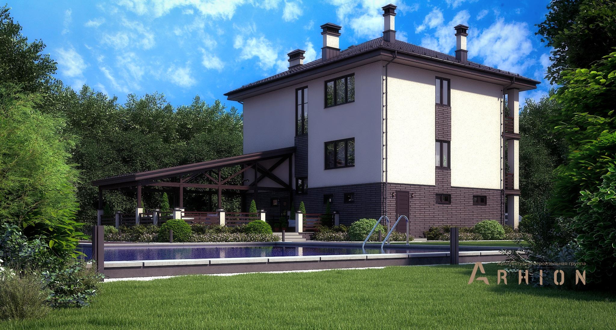 2. Проект трехэтажного дома в современном стиле с четырехскатной, M-328, площадью - 308 кв c сауной, терассой, балконом, гаражом, эркером