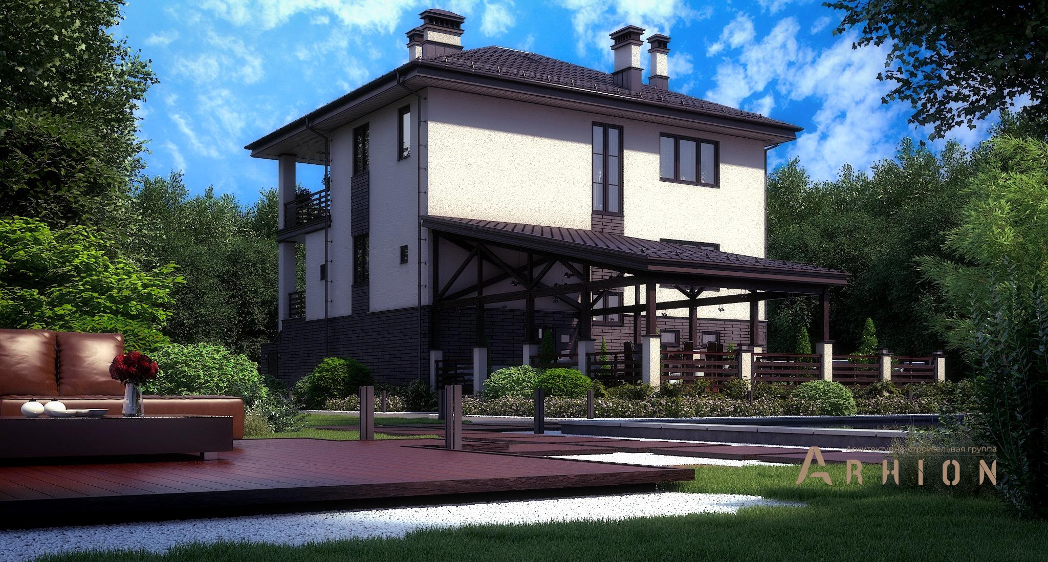 3. Проект трехэтажного дома в современном стиле с четырехскатной, M-328, площадью - 308 кв c сауной, терассой, балконом, гаражом, эркером