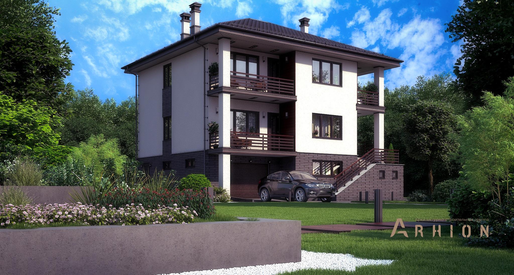 1. Проект трехэтажного дома в современном стиле с четырехскатной, M-328, площадью - 308 кв c сауной, терассой, балконом, гаражом, эркером