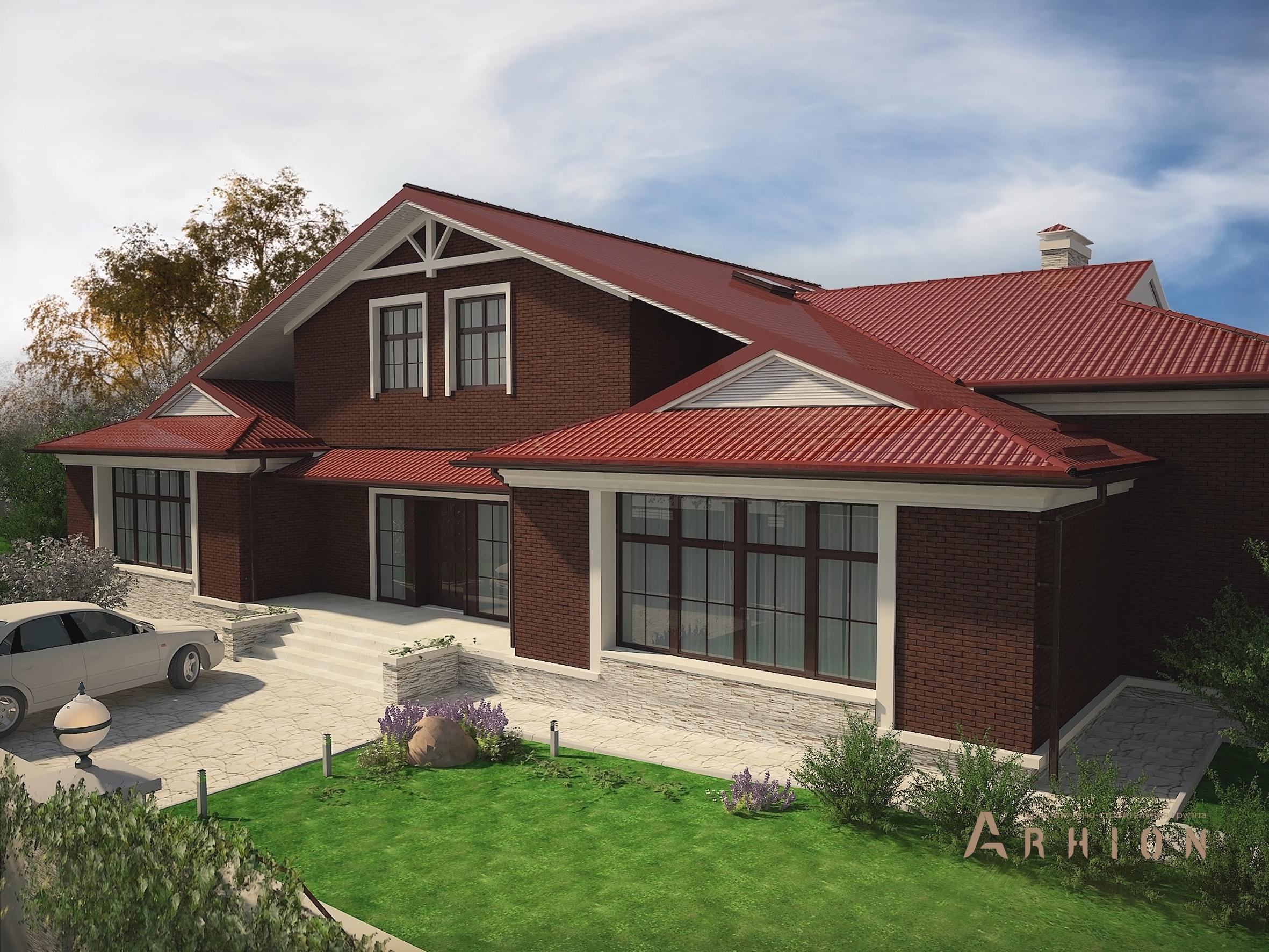 1. Проект одноэтажного дома в стиле шале с многоскатной кровлей, M-330, площадью - 474 кв c мансардой, сауной, эркером