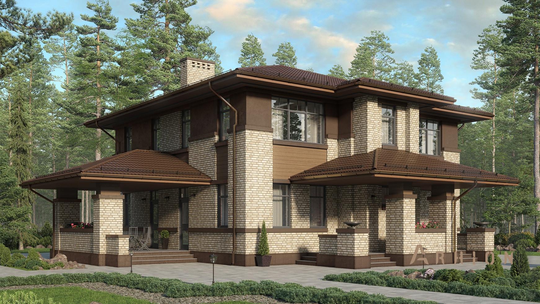 1. Проект двухэтажного дома в стиле Ллойда Райта (прерий) с многоскатной кровлей, m-335, площадью - 246 кв c терассой, эркером