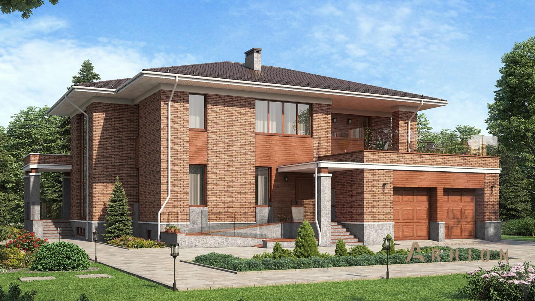 1. Проект двухэтажного дома в стиле Ллойда Райта (прерий) с четырехскатной, M-336, площадью - 360 кв c цокольным этажом, сауной, терассой, гаражом, вторым светом