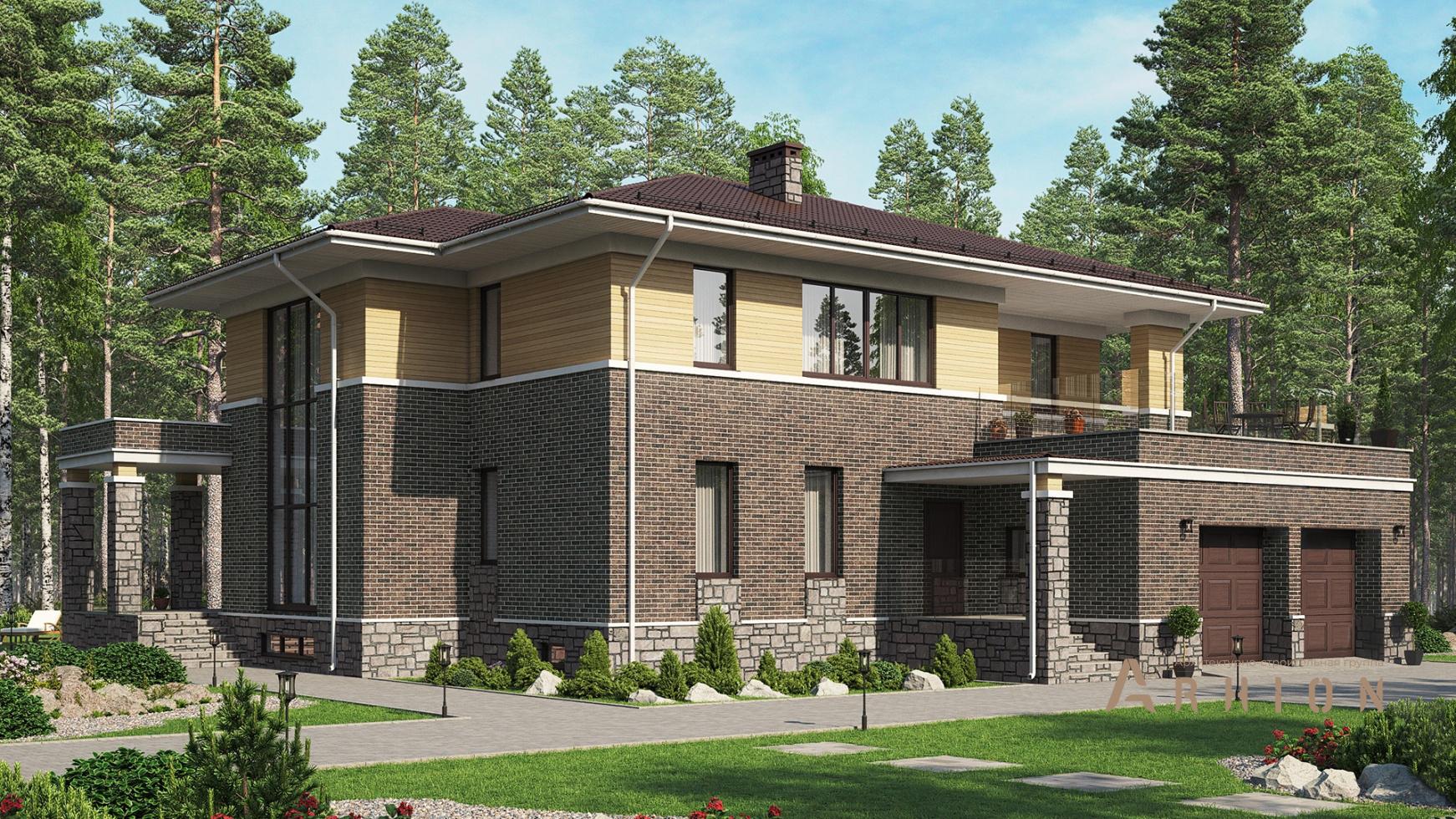 1. Проект двухэтажного дома в стиле Ллойда Райта (прерий) с многоскатной кровлей, m-337, площадью - 410 кв c цокольным этажом, терассой, гаражом, вторым светом