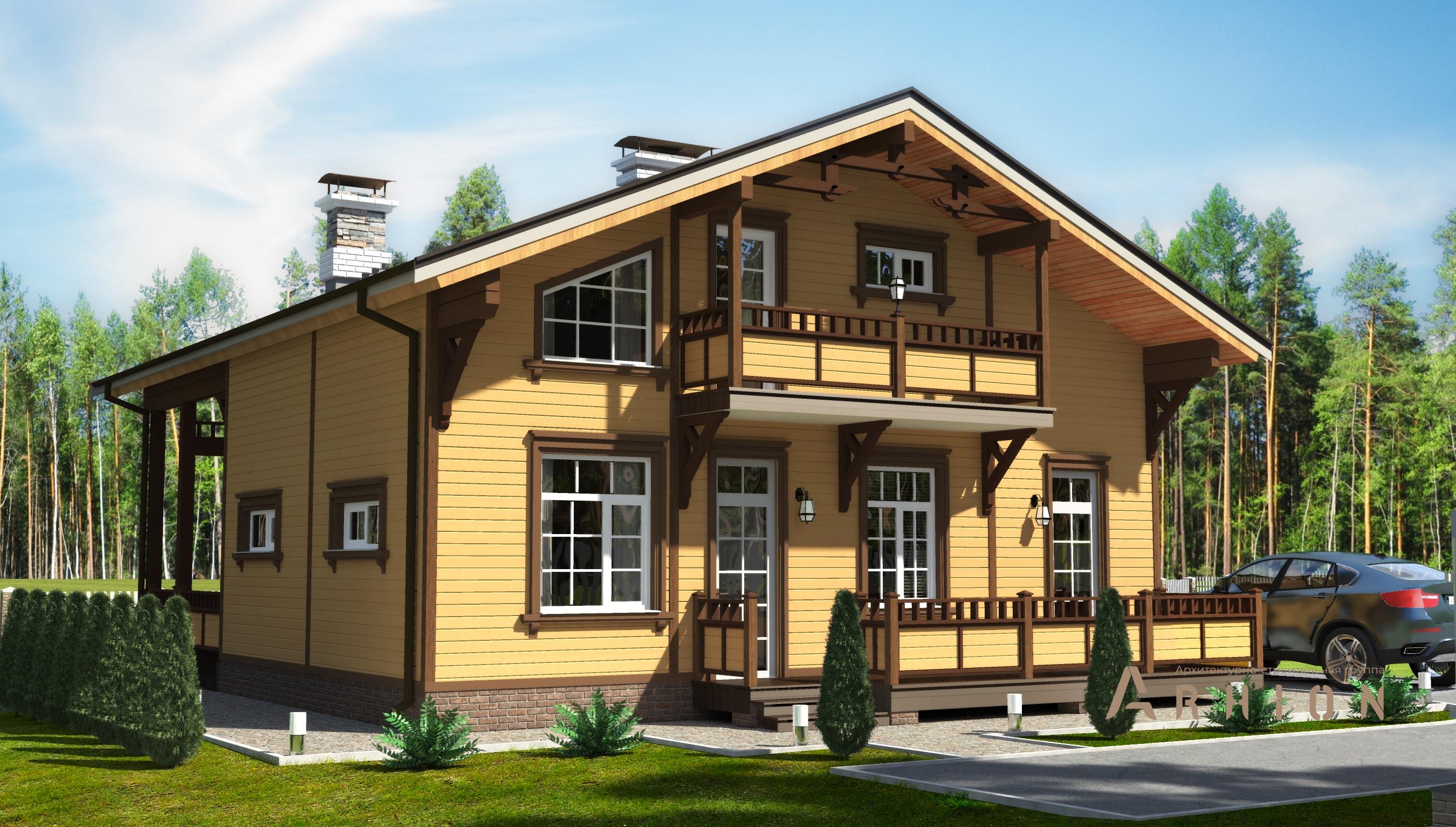 2. Проект одноэтажного дома в стиле шале с двускатной кровлей, M-340, площадью - 163 кв c мансардой, терассой, балконом