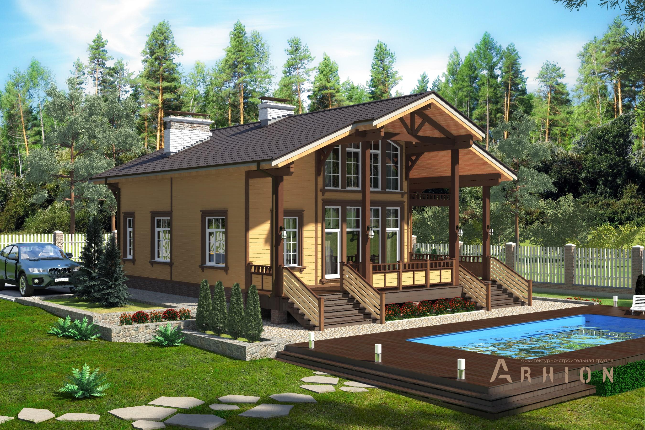 3. Проект одноэтажного дома в стиле шале с двускатной кровлей, M-340, площадью - 163 кв c мансардой, терассой, балконом