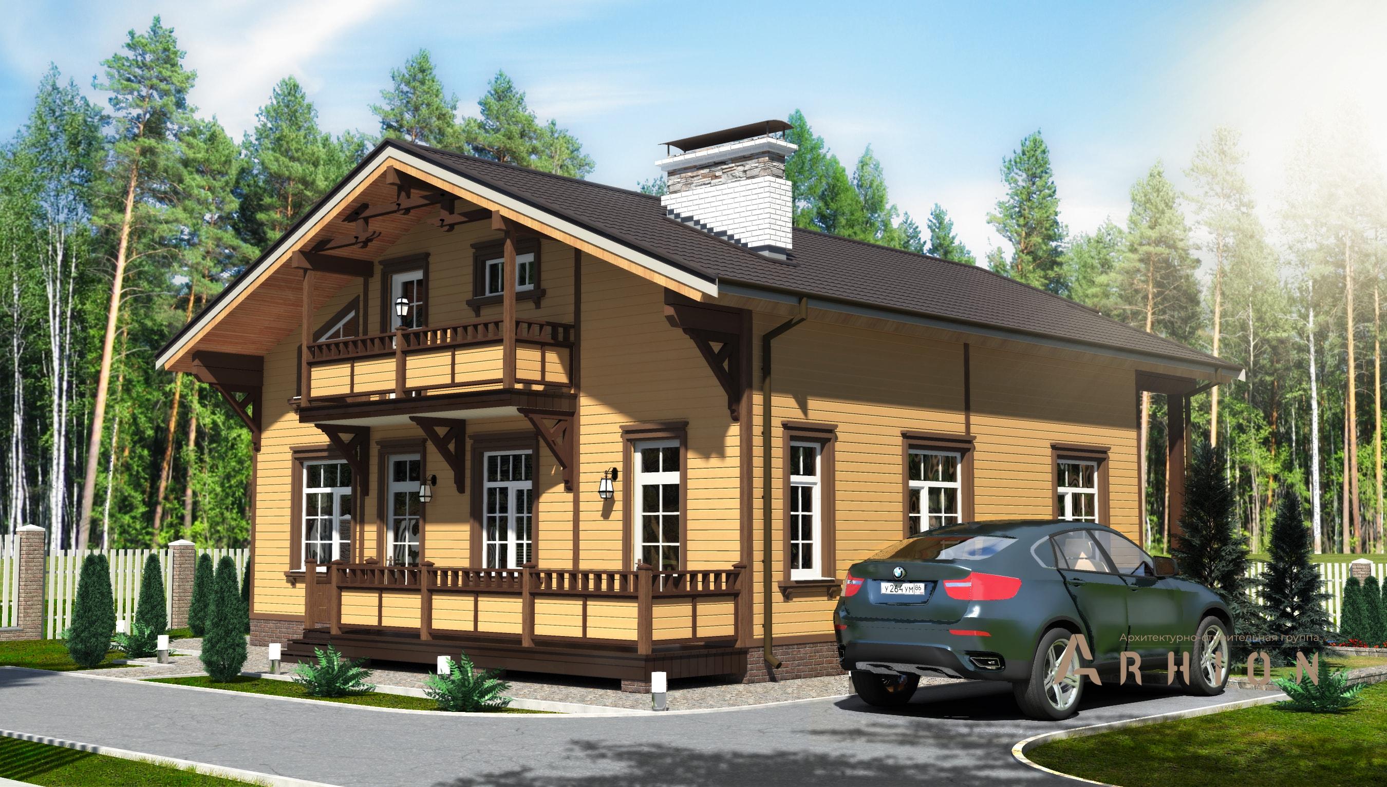 4. Проект одноэтажного дома в стиле шале с двускатной кровлей, M-340, площадью - 163 кв c мансардой, терассой, балконом