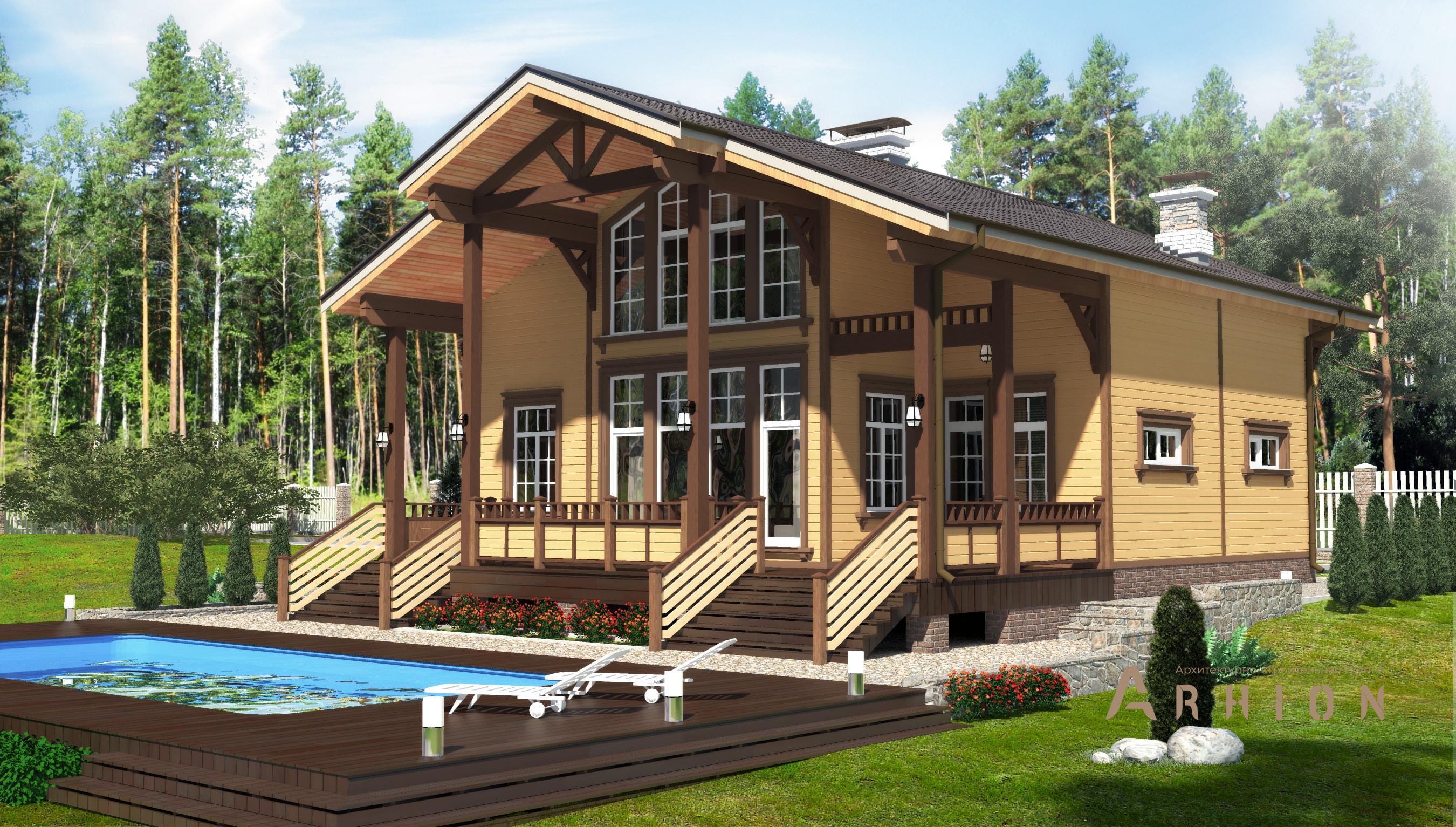 1. Проект одноэтажного дома в стиле шале с двускатной кровлей, M-340, площадью - 163 кв c мансардой, терассой, балконом