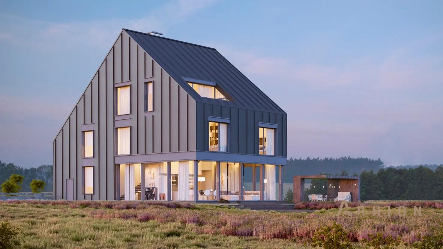 1. Проект одноэтажного дома в стиле барн с плоской кровлей , M-341, площадью - 361 кв c мансардой