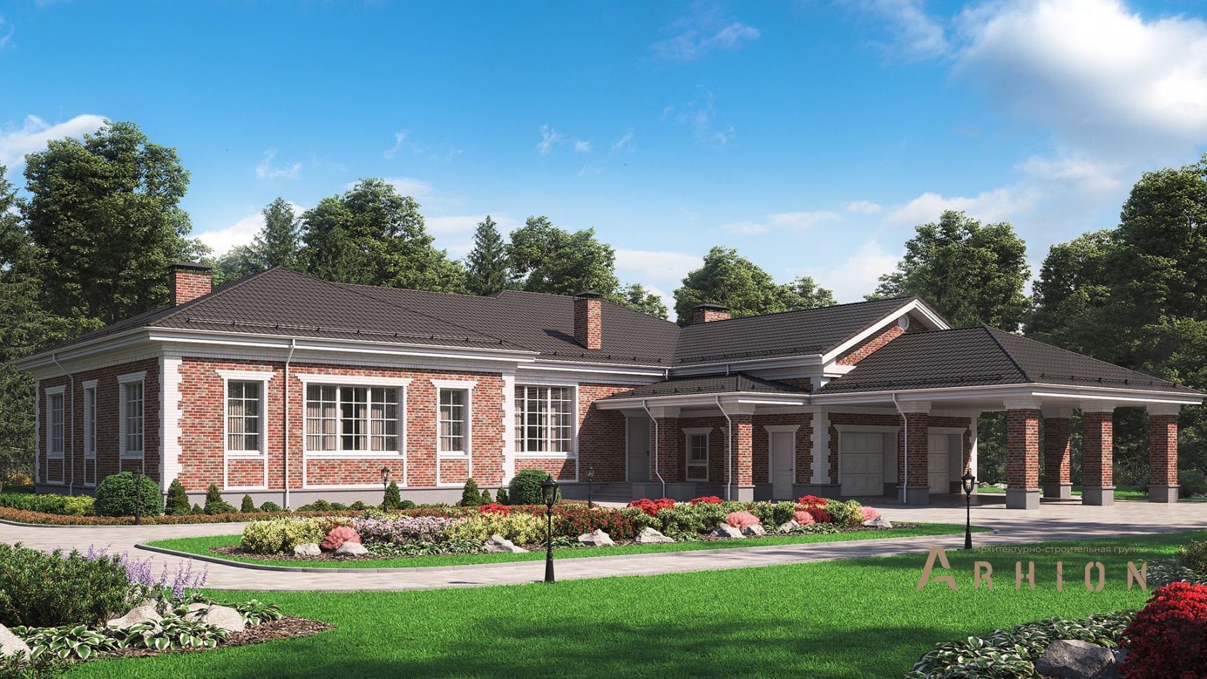 1. Проект одноэтажного дома в классическом стиле с многоскатной кровлей, m-343, площадью - 379 кв c гаражом