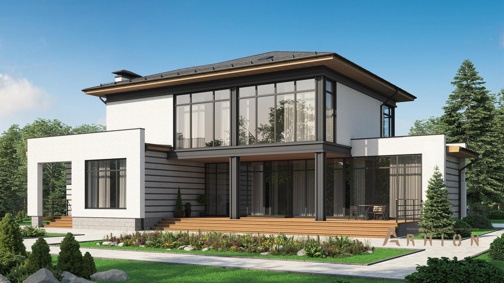 1. Проект двухэтажного дома в стиле лофт с многоскатной кровлей, m-344, площадью - 246 кв c сауной, терассой