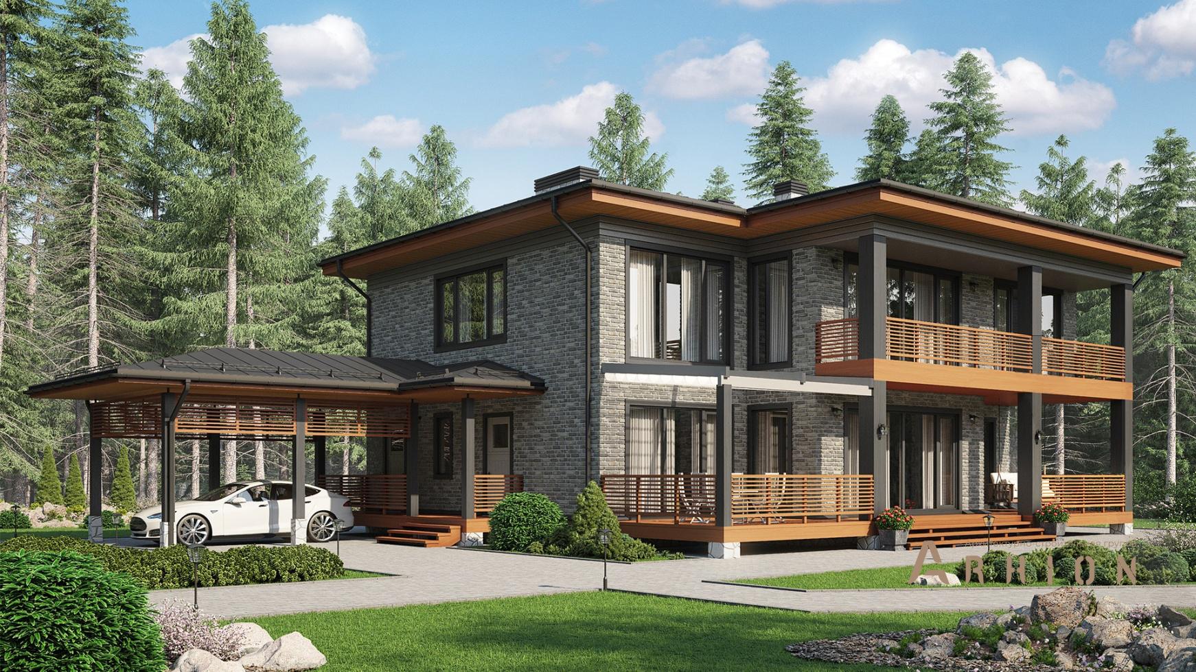 1. Проект двухэтажного дома в скандинавском стиле с многоскатной кровлей, m-345, площадью - 231 кв c сауной, терассой, балконом, гаражом