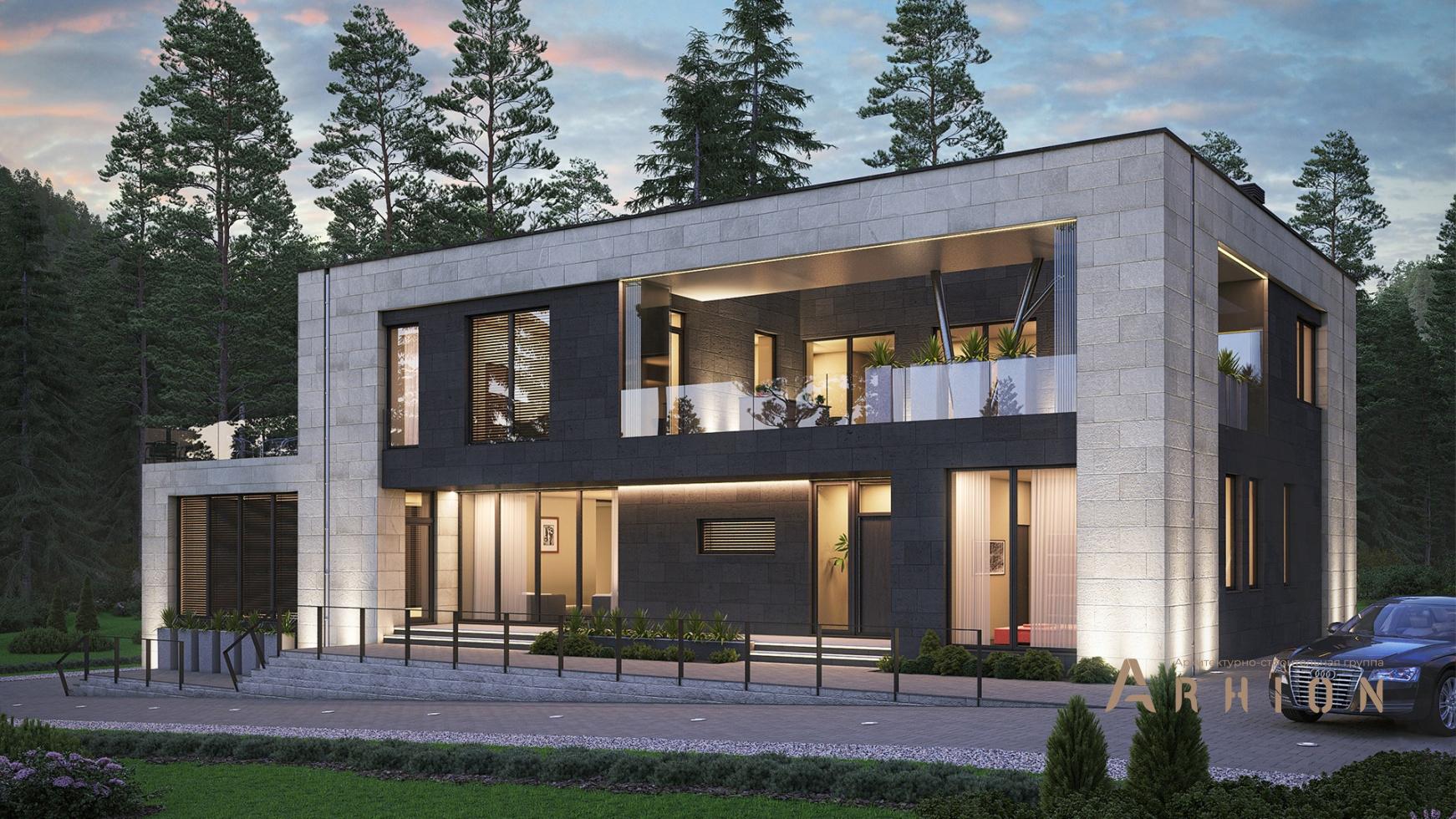 1. Проект двухэтажного дома в стиле хай-тек с плоской кровлей , m-346, площадью - 582 кв c цокольным этажом, сауной, терассой, бассейном