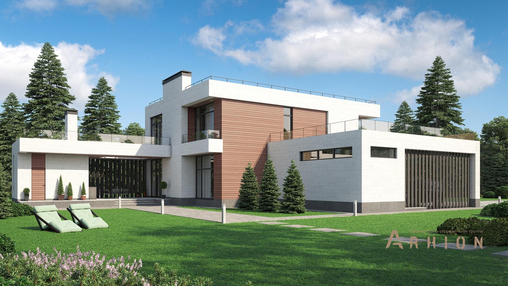 2. Проект двухэтажного дома в стиле хай-тек с плоской кровлей , m-347, площадью - 275 кв c терассой, балконом, гаражом