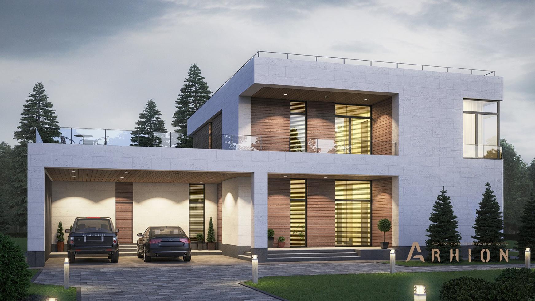 1. Проект двухэтажного дома в стиле хай-тек с плоской кровлей , m-347, площадью - 275 кв c терассой, балконом, гаражом