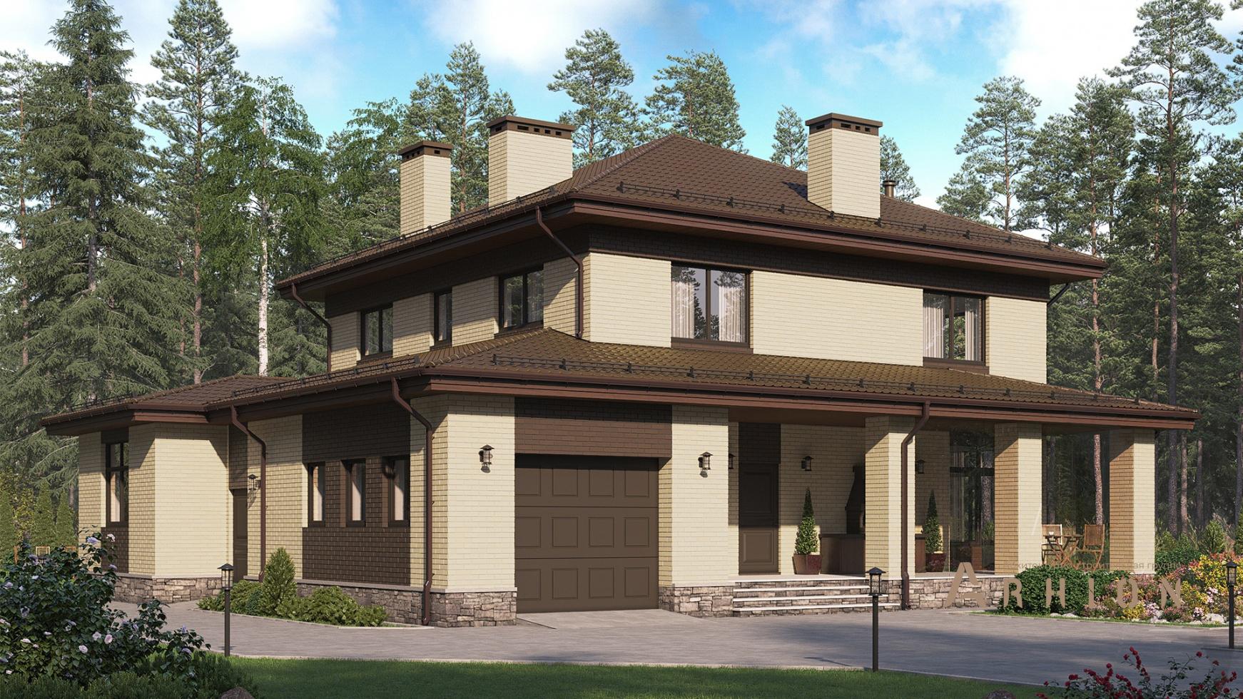 1. Проект двухэтажного дома в современном стиле с четырехскатной, m-348, площадью - 268 кв c сауной, терассой, гаражом