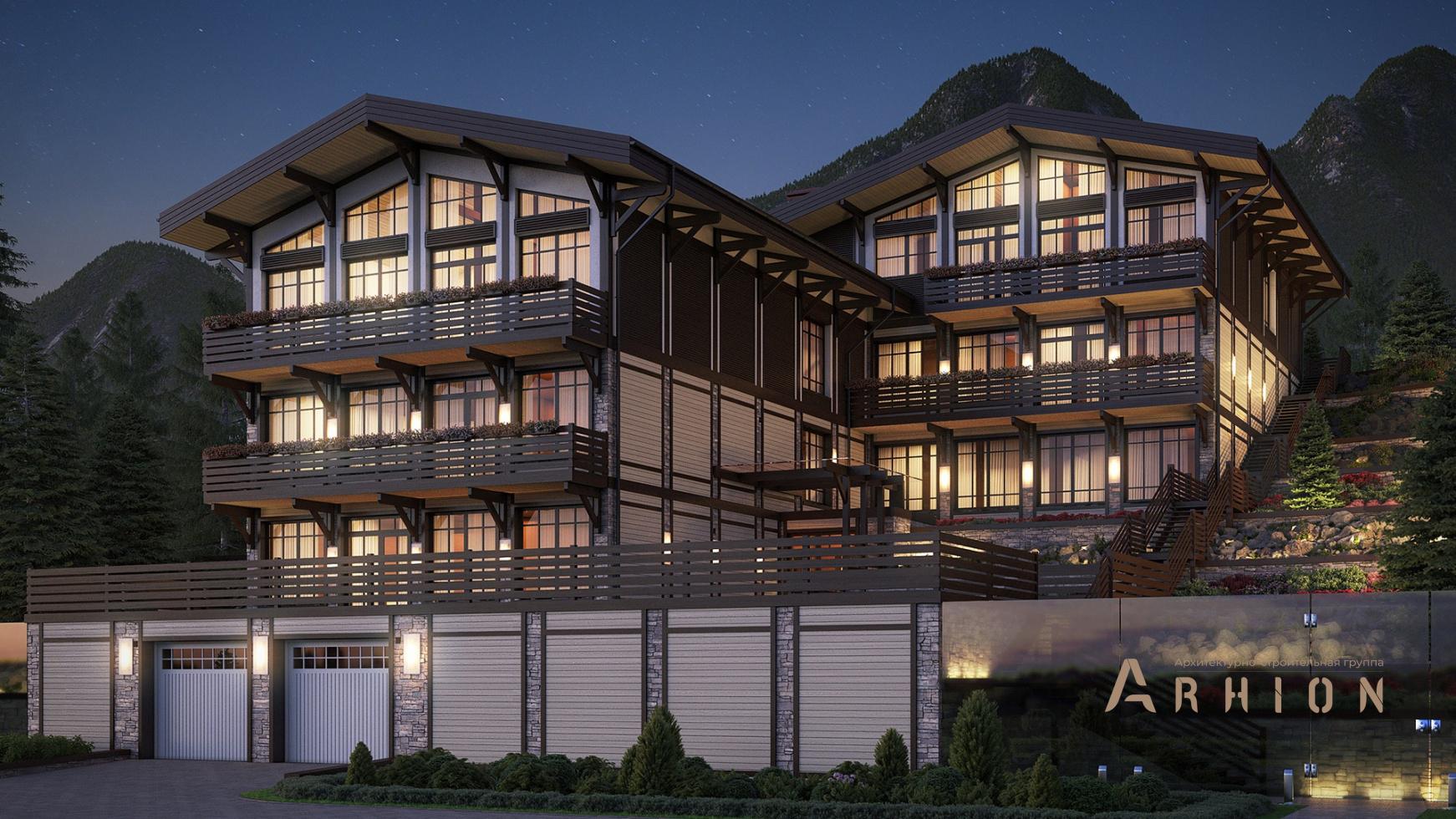 1. Проект трехэтажного дома в стиле шале с двускатной кровлей, m-349, площадью - 852 кв c цокольным этажом, мансардой, сауной, терассой, балконом, гаражом, бассейном