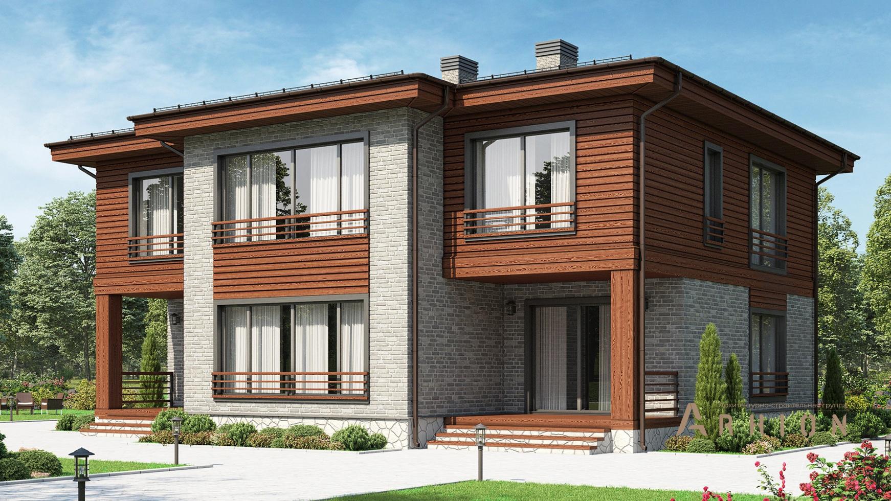 1. Проект двухэтажного дома в стиле лофт с многоскатной кровлей, m-350, площадью - 182 кв c терассой, вторым светом