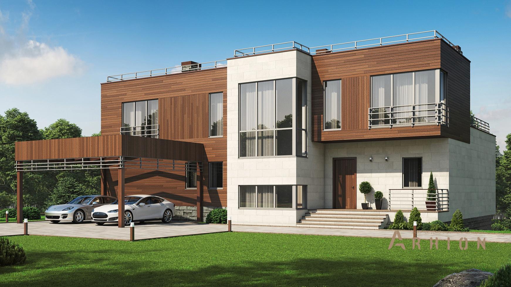 1. Проект двухэтажного дома в стиле хай-тек с плоской кровлей , m-352, площадью - 312 кв c цокольным этажом, сауной, терассой, балконом, гаражом