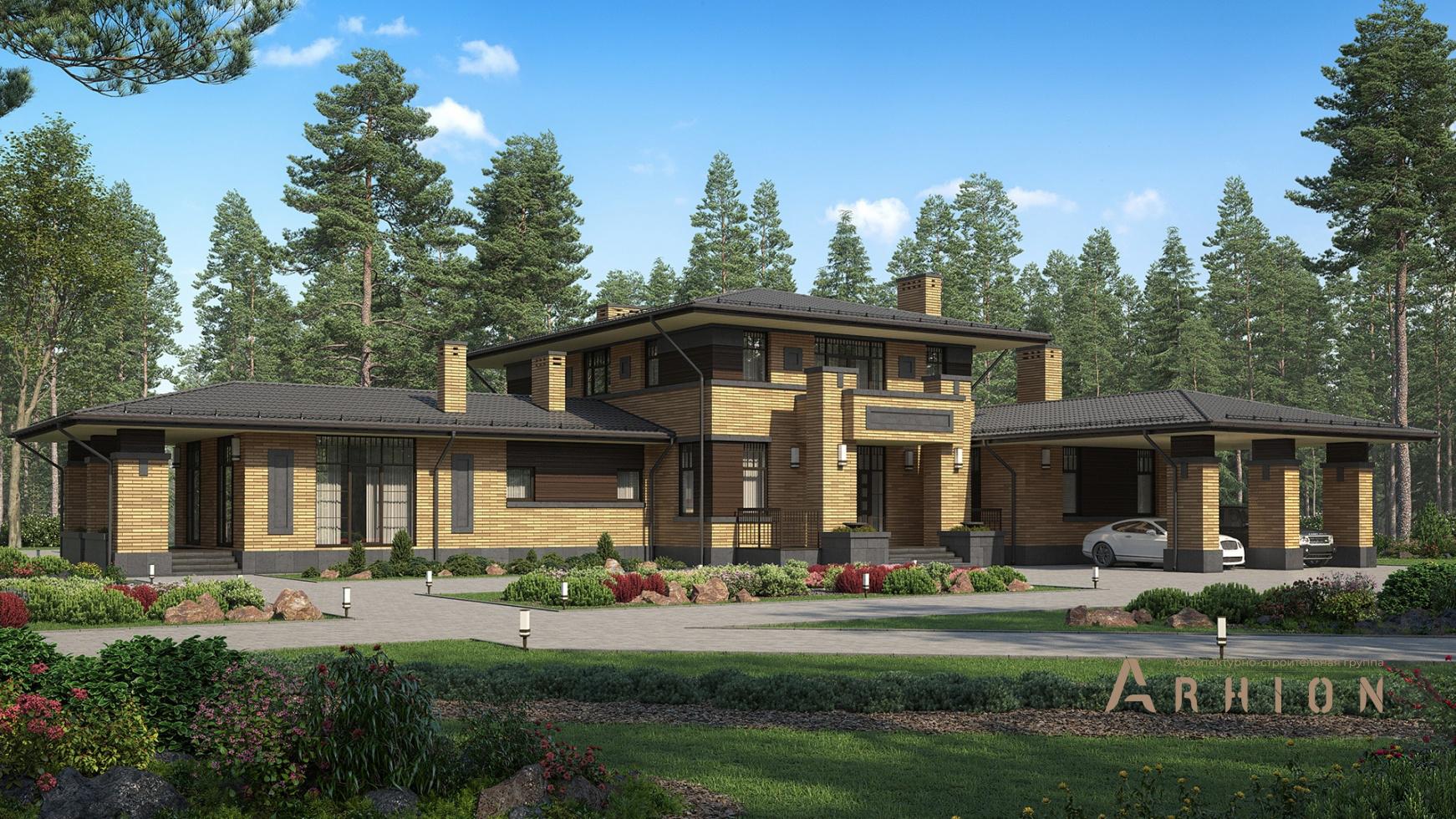 1. Проект двухэтажного дома в стиле Ллойда Райта (прерий) с четырехскатной, M-353, площадью - 351 кв c сауной, терассой, балконом