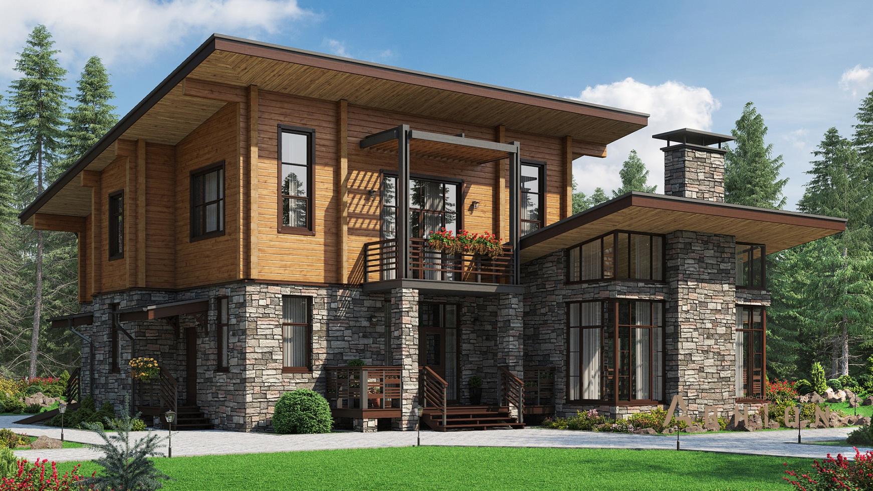 1. Проект двухэтажного дома в стиле лофт с односкатной кровлей, M-355, площадью - 205 кв c сауной, гаражом