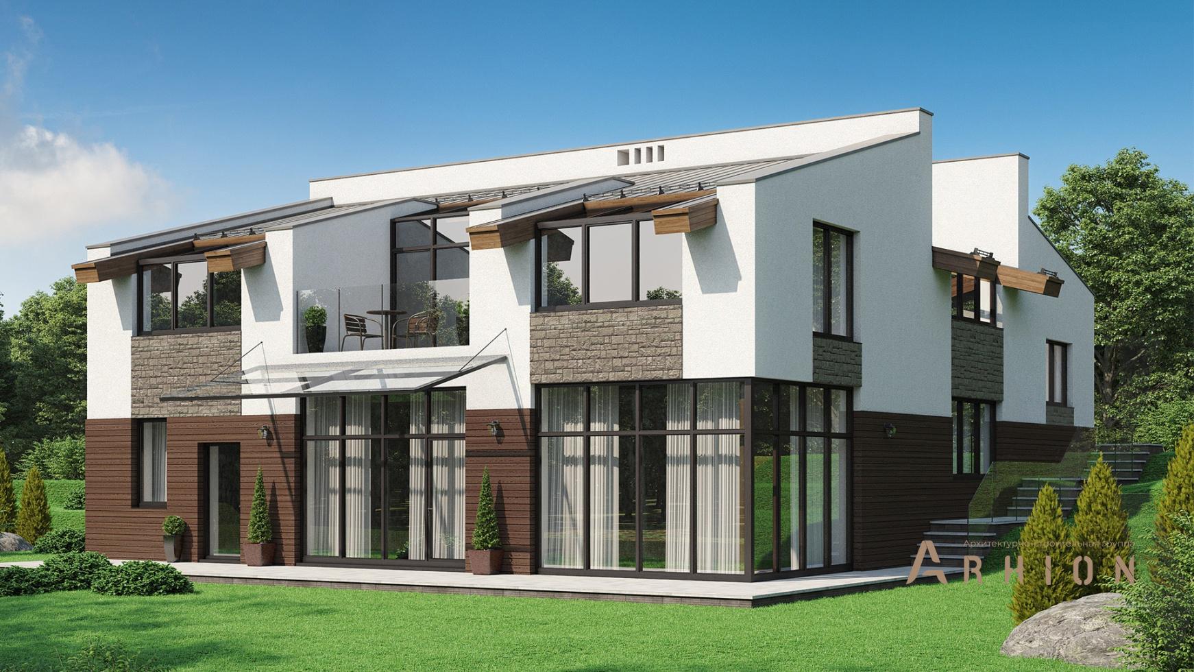 1. Проект одноэтажного дома в современном стиле с двускатной кровлей, m-360, площадью - 314 кв c мансардой, сауной, терассой, балконом