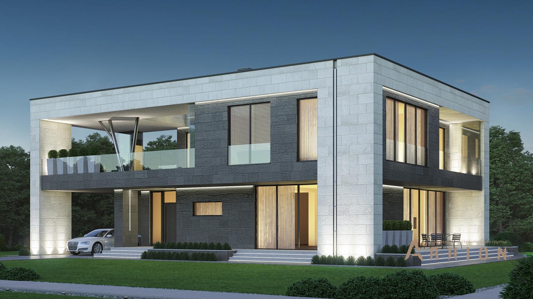 1. Проект двухэтажного дома в стиле минимализм с плоской кровлей , M-361, площадью - 250 кв c терассой, балконом, гаражом