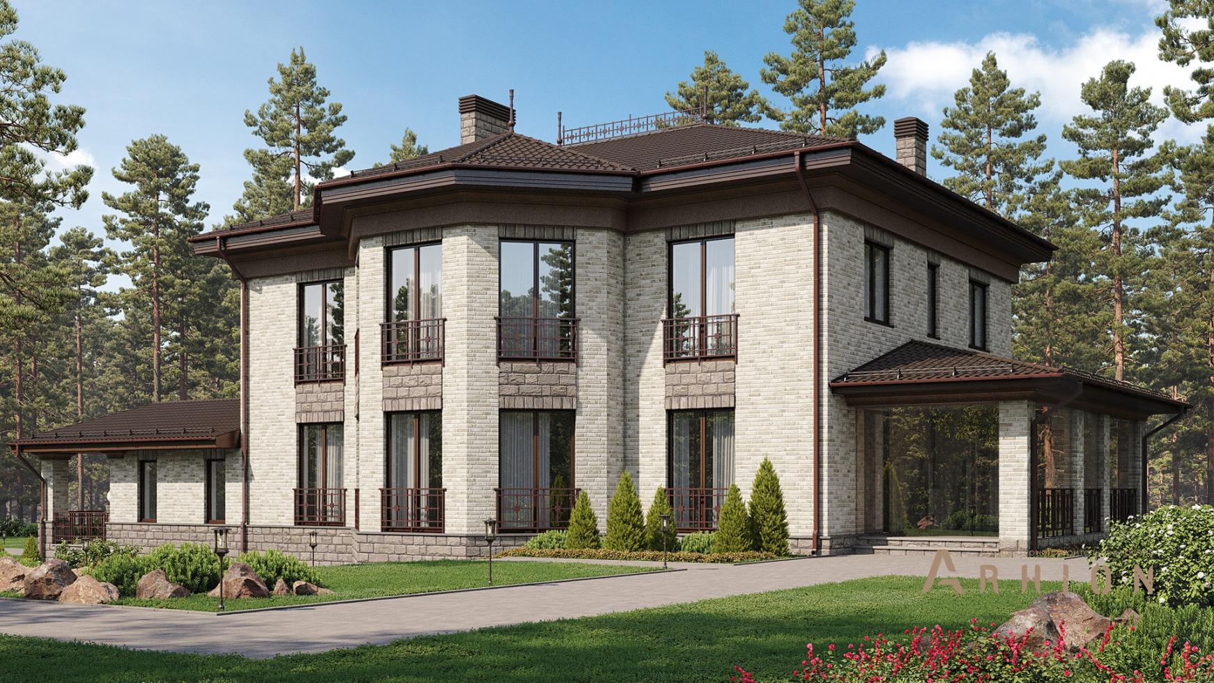 1. Проект двухэтажного дома в европейском стиле с многоскатной кровлей, M-362, площадью - 405 кв c терассой, гаражом, эркером